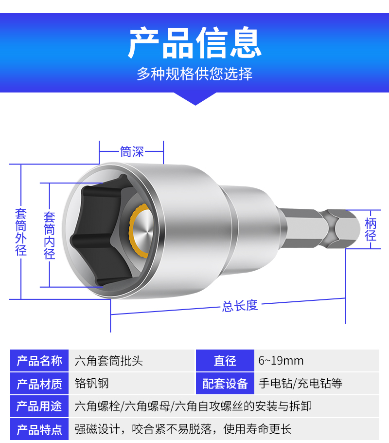Electric wrench socket head, hexagonal hand drill, strong magnetic screwdriver bit set, self-tapping screws for color steel tiles