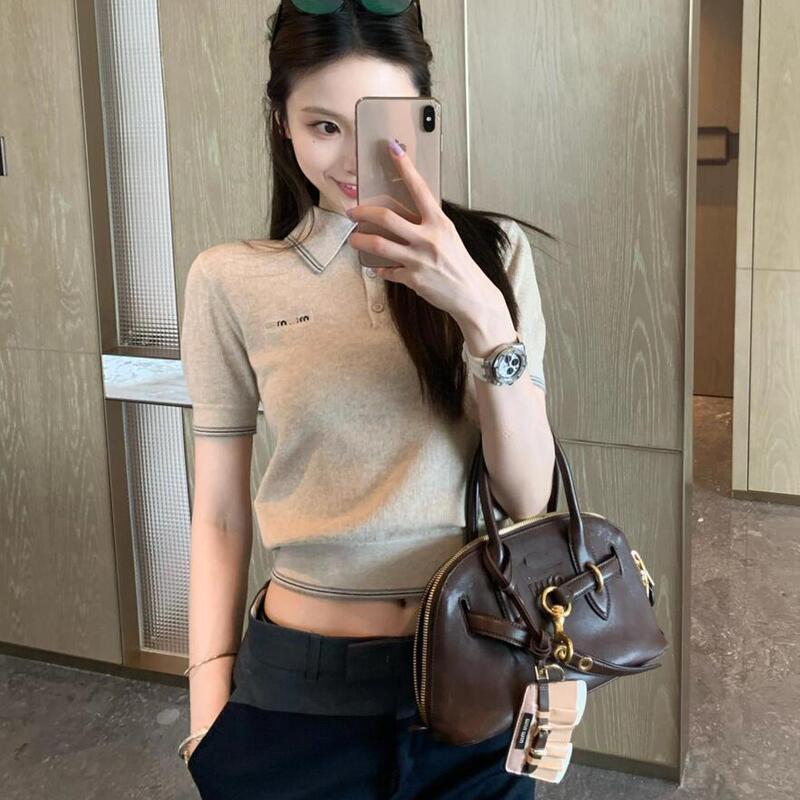 High-End Version 26 New Style Miu Letter Jacquard Polo Collar Milk Tea Color College Style Knitted Short-Sleeve Top in Stock