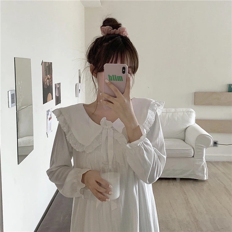 Camisón de manga larga ins estilo Pijamas Mujer primavera y otoño hadas pit corte muñeca collar princesa estilo desgaste del hogar