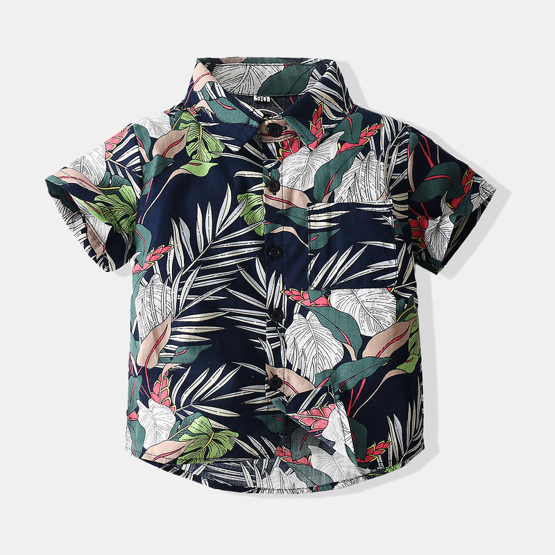 Amazon Comercio exterior transfronterizo ropa para niños 2023 Verano nuevo estilo europeo y americano Camisa de algodón floral tropical de solapa de manga corta para niños