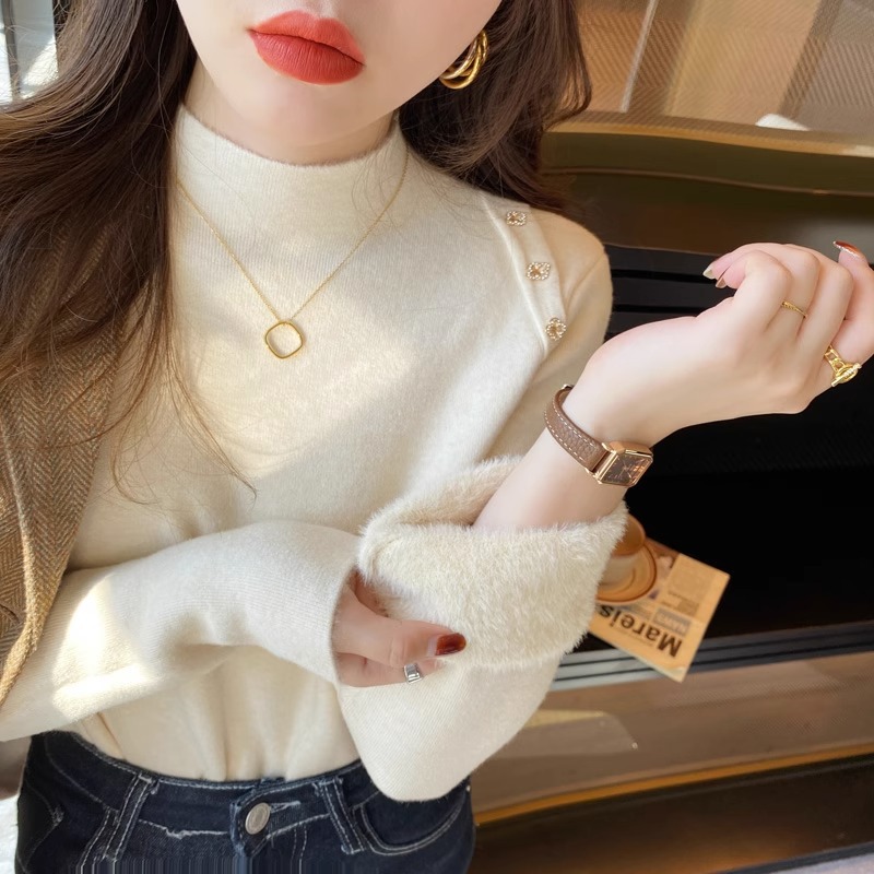 Camisa de fondo de punto de cuello alto para mujer con suéter de terciopelo de una pieza de estilo occidental Otoño e Invierno 2023 nuevo top de alta calidad