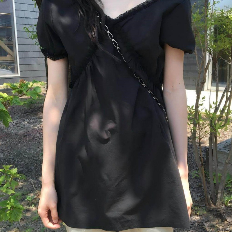 Korean Chic Girl-Style Top for Women, French-Style Lace V-Neck Puff Short-Sleeve Shirt, Mid-Length Trendy Blouse Korean Chic Girl-Style Top for Women, French-Style Lace V-Neck Puff Short-Sleeve Shirt, Mid-Length Trendy Blouse