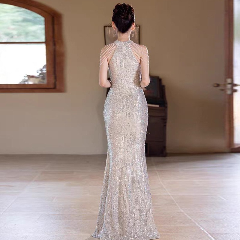 Sequined Evening Gown Women's Light Luxury Mermaid Dress Waist Cinching New Style Host Performance Costume_ecoleips.com