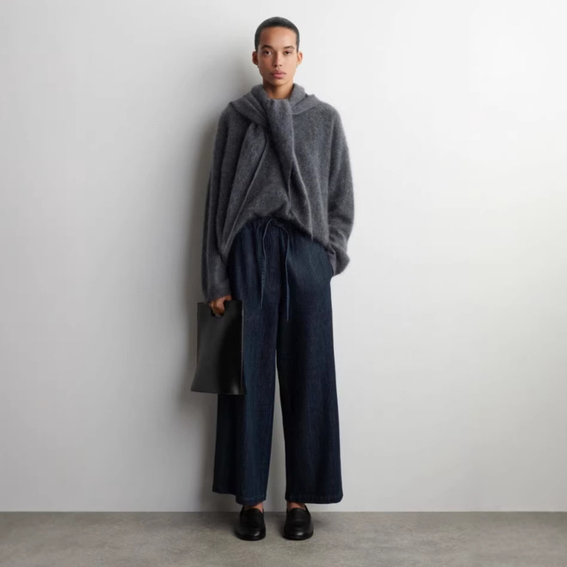 Non-Fading Pure Cotton Cos-Style Women's Jeans, Standard Fit Drawstring Waist Denim Wide-Leg Pants, 2026 Spring Collection