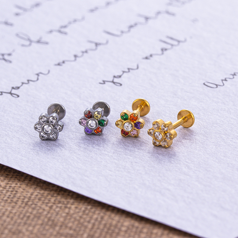 Fashion Flower Stainless Steel Plating Inlay Zircon lip stud 1 Piece