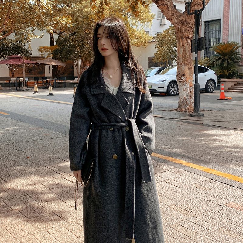 2025年秋冬新款韩版羊绒羊毛混纺双面呢子纯色带兜宽松长款大衣女