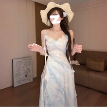 夏季纯欲风连衣裙设计感立体花朵超仙甜妹雪纺碎花裙修身显廋长裙