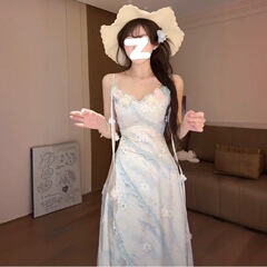 立体的な花のデザインが施された夏の純粋な欲望のドレス、超妖精のような甘い女の子のシフォン花柄スカート、スリムでスリムなロングスカート