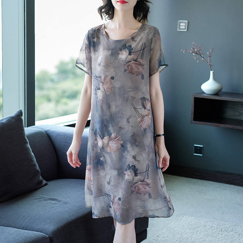 Chinese Style Printed Mother Dress Round Neck Short Sleeve Elegant Slim Long Natural Mulberry Silk Dress