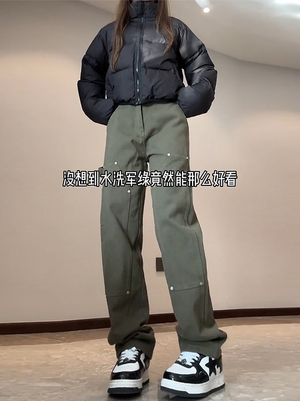 vintage Army Green Logging Coil Pants Women's Spring and Autumn American-style A- style Sough Pants Leg Long Straight Pants