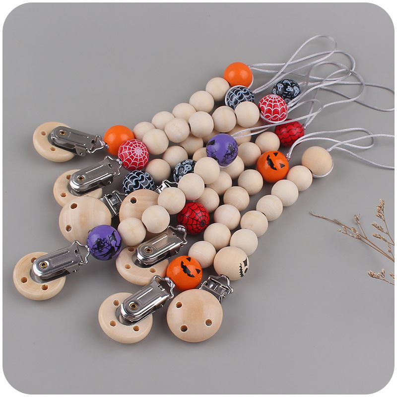 Nuevos suministros para bebés Hemu chupete Cadena de dibujos animados de Halloween patrón de madera cuentas Cadena de chupete cadena anti-caída
