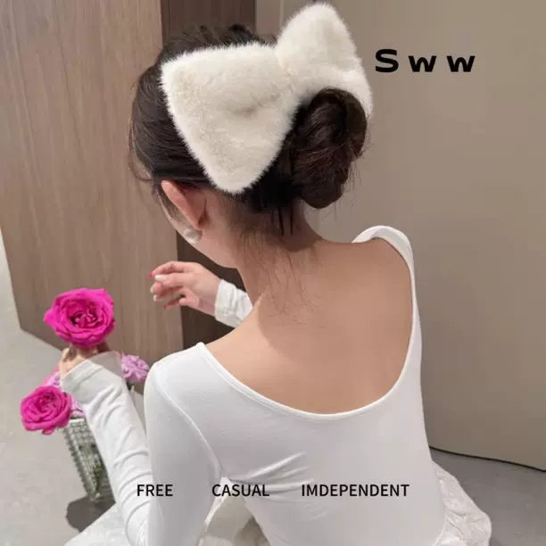 秋冬新款手工毛绒蝴蝶结发夹可爱气质百搭显瘦发夹鸭嘴夹