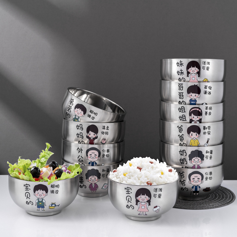 Stainless steel cartoon children's double-layer bowl 304 food grade household baby eating anti-scald anti-Fall Family baby