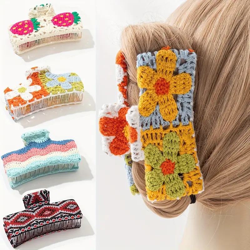 Yhj Hair Accessories New Pastoral French Knitted Crochet Clip Strawberry Hair Clip Seaside Resort Style Shark Clip Hair Clip