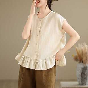 Actual Shot of 2025 New Summer Linen Small Flying Sleeves Ruffled Hem Shirt Tops Vest Tops