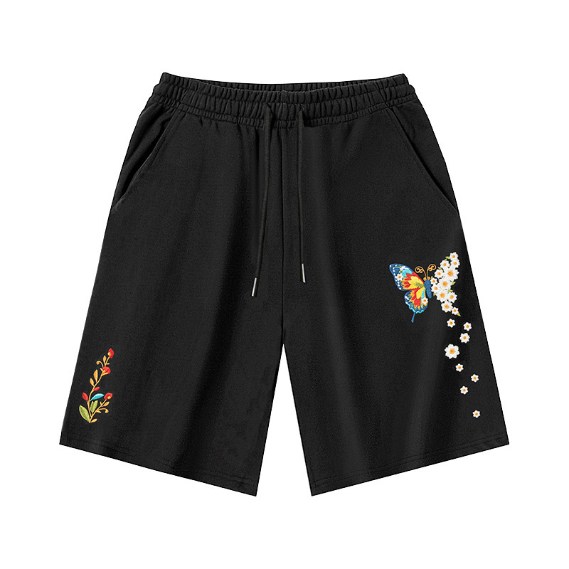 2025 New Summer Shorts Butterfly Embroidery Pure Cotton Heavyweight National Trend Style Five-Point Pants Thin Trendy Brand Casual Pants