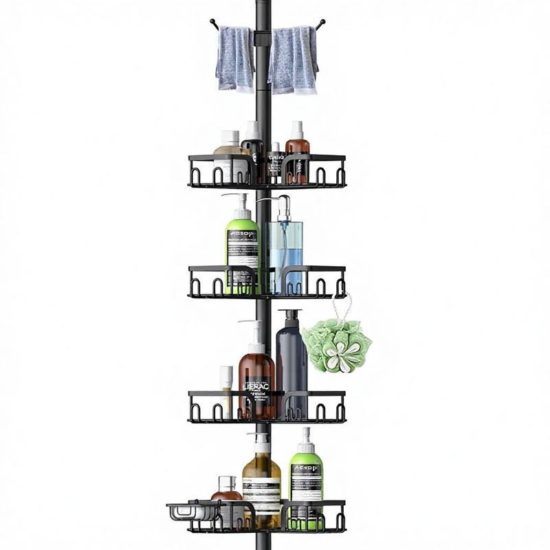 Four-Layer Adjustable Stainless Steel Telescopic Shower Rack, Black Corner Shower Shelf Suitable for Bathroom