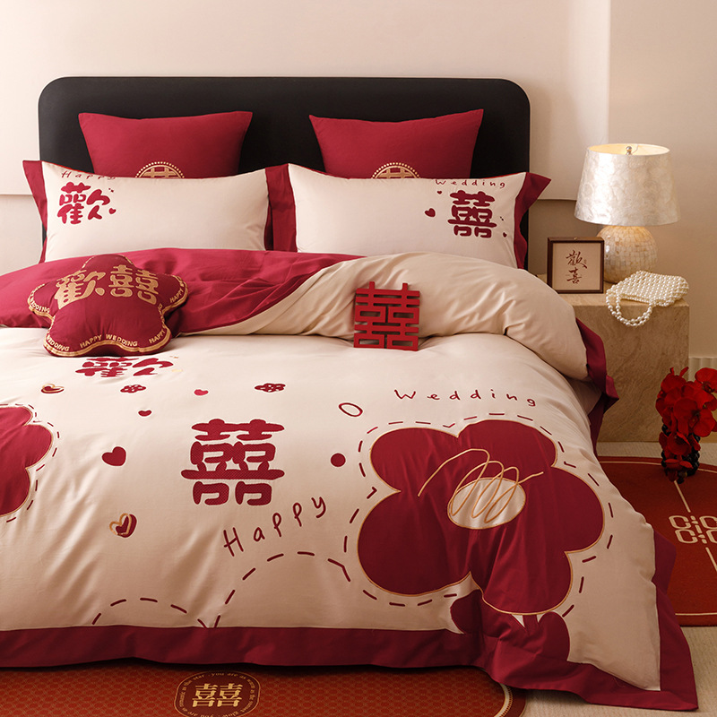 Chinas de alta gama algodón Jacquard cama de boda cuatro piezas de algodón sábanas rojas cubierta sábanas de boda
