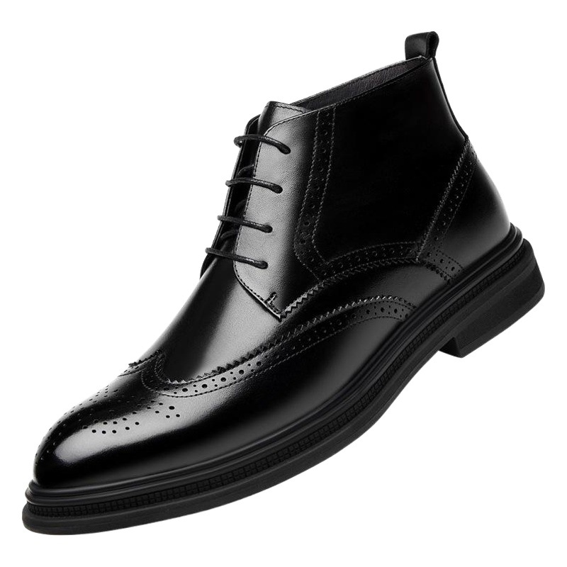 Winter Brogue Boots, Mid-High Leather Shoes for Men, Fleece-Lined Chelsea Boots, Height-Increasing Martin Boots, Zippered Men's Short Boots
