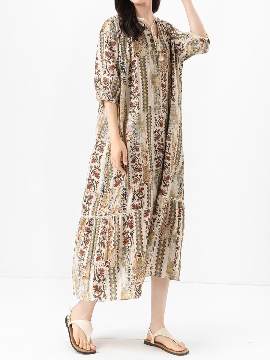 Váy maxi nữ phong cách Bohemian in hoa vải lanh dây thắt eo rộng rãi mùa hè — Màu cà phê