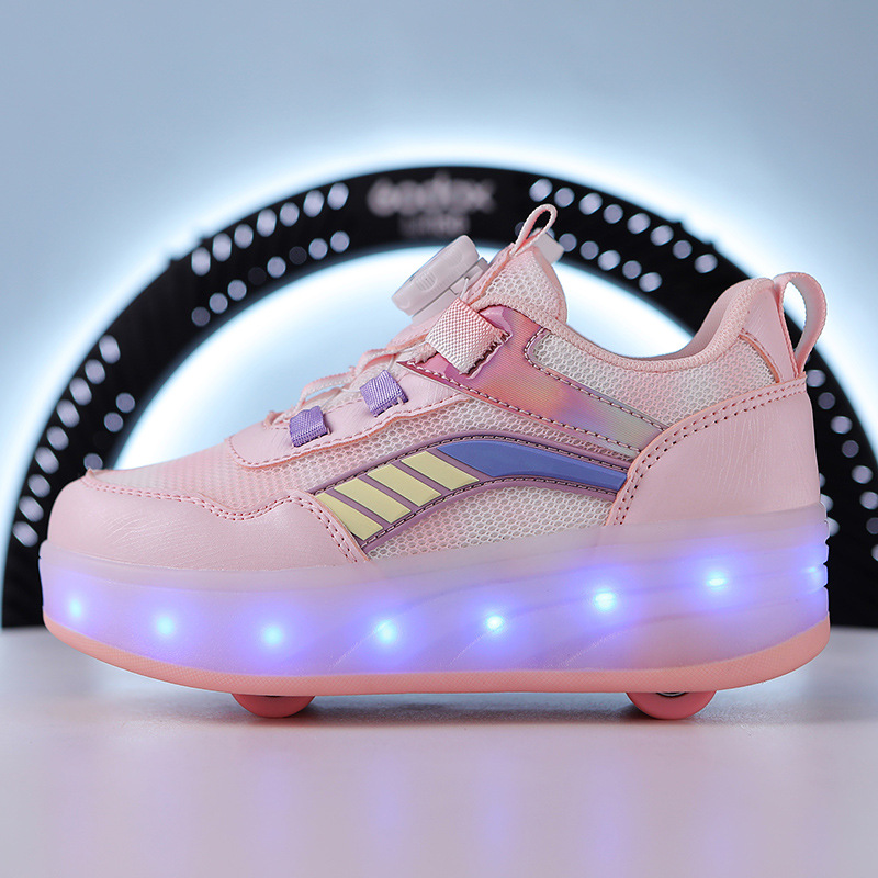 Runthrough Shoes with 4-Wheel Lights for Children, Summer Breathable Skating Shoes, Invisible Dual-Row Wheeled Roller Skates for Boys and Girls, Sports Shoes