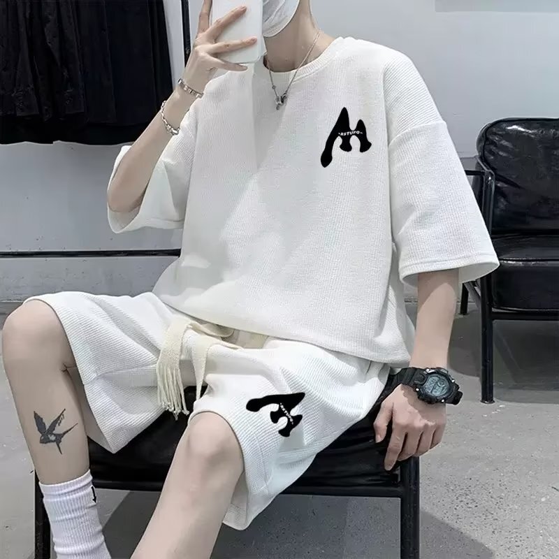 Summer Suit men's trendy all-match solid color casual short-sleeved T-shirt waffle top Korean fashion brand ins shorts