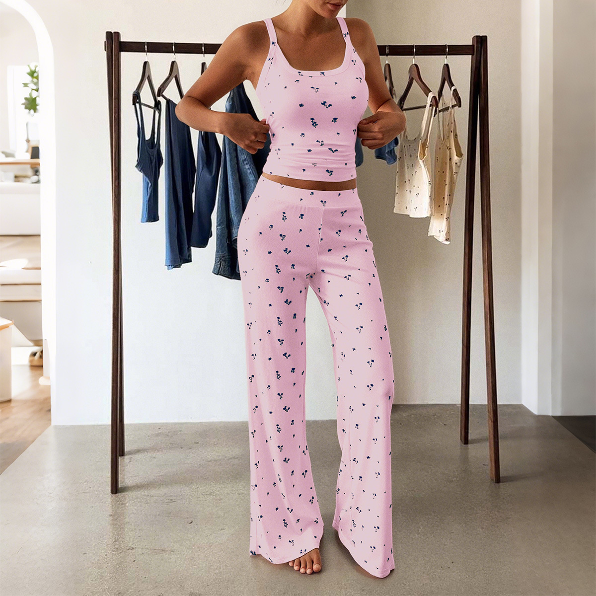 KAIKUO European And American Sports Style Camisole T-shirt Floral Long Pants Set Women's Clothing 2025 Autumn Winter_ecoleips.com
