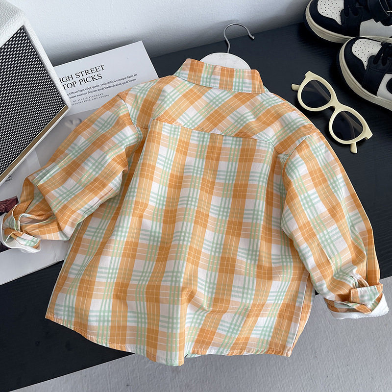 2025 primavera y otoño nueva ropa infantil para niños mangas largas camisa bordada de dibujos animados para niños delgada chaqueta transpirable a cuadros extranjeros