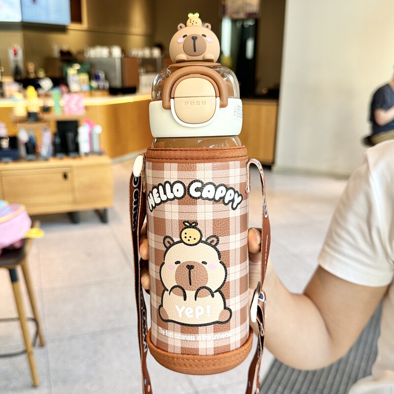 卡皮巴拉保温杯可爱儿童吸管杯上学专用316不锈钢防摔斜跨大肚杯|undefined