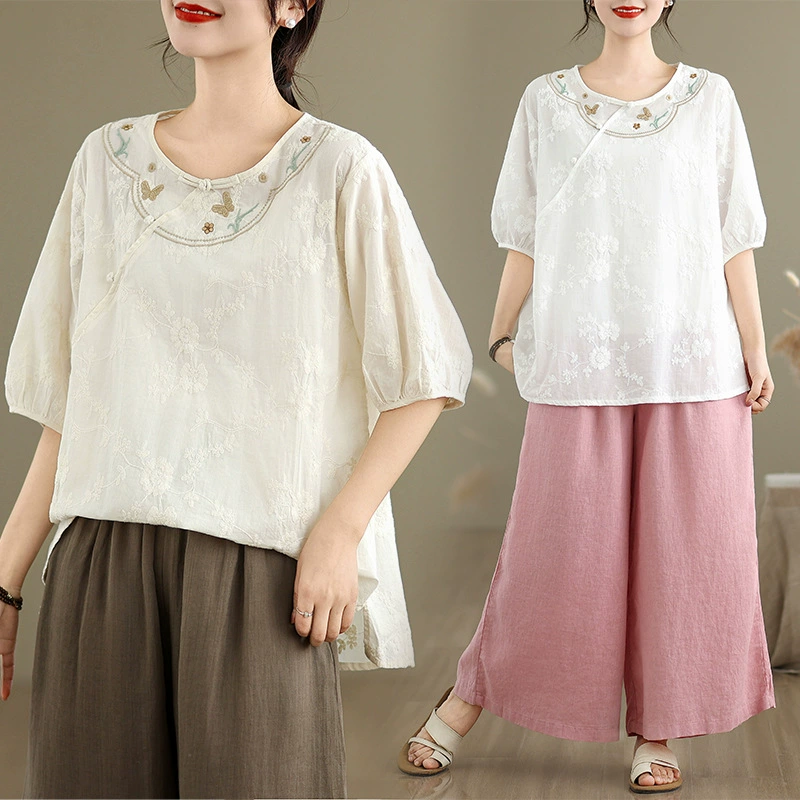 Реальная стрельба 2025 весна и лето новая вышитая тарелка с круглым вырезом с короткими рукавами футболка хлопчатобумажная вышивка свободный топ большого размера для женской одежды