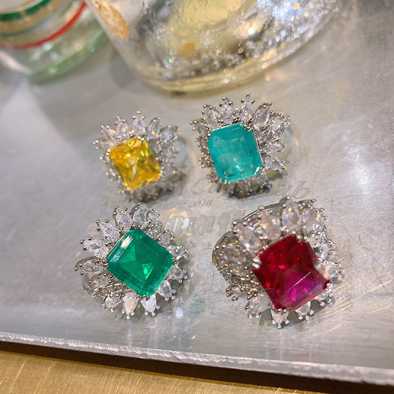 Retro Square Copper Gold Plated Inlay Artificial Gemstones Rings