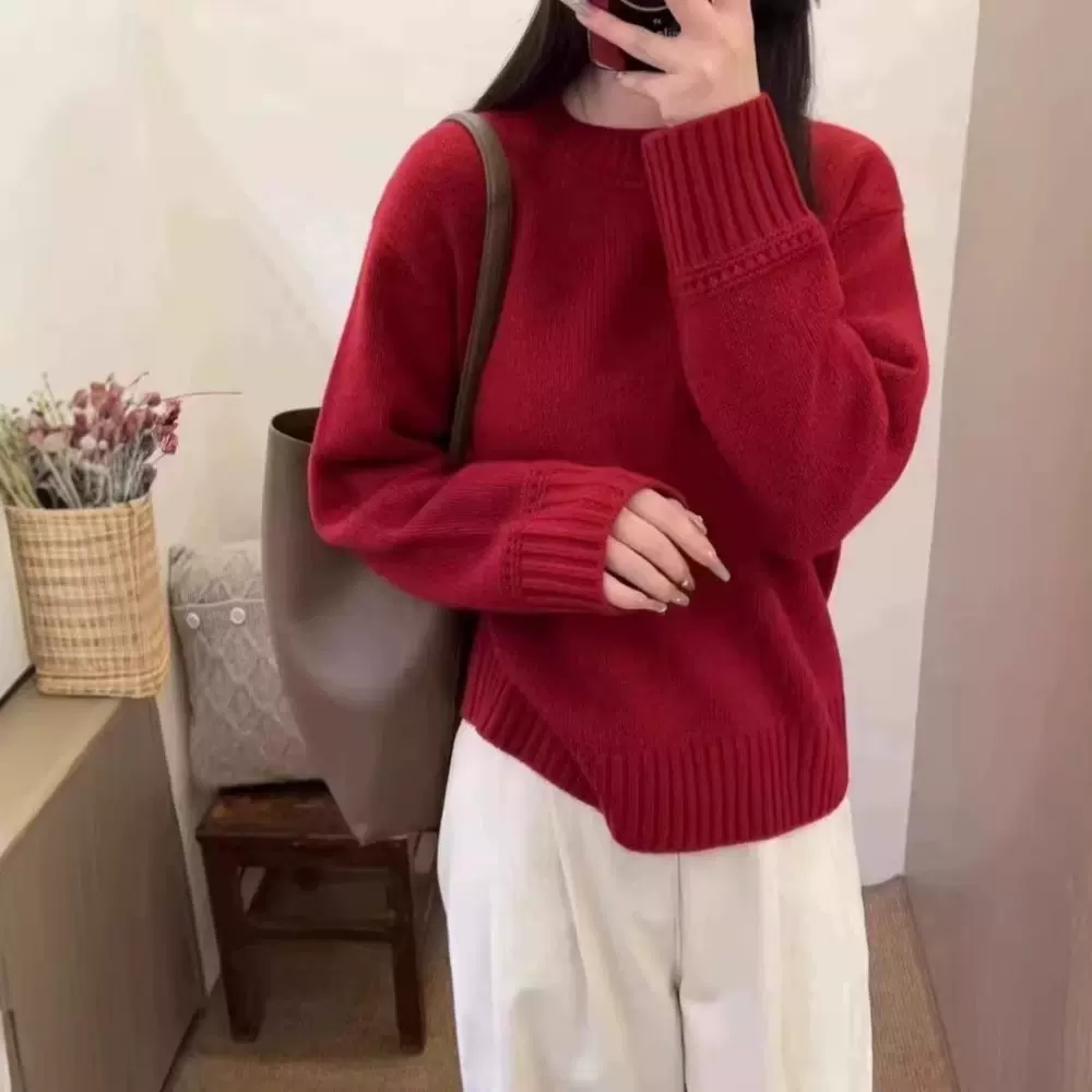 重磅加厚100羊毛衫女圆领宽松软糯落肩袖慵懒风羊绒打底红色毛衣