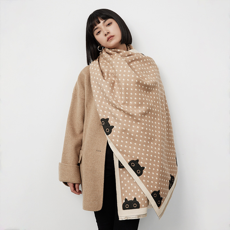 Minimalistischer Tupfendruck für Damen im Herbst und Winter, Schal aus Kaschmirimitat im Western-Stil, Cartoon-Katzenkopf_voghion.com