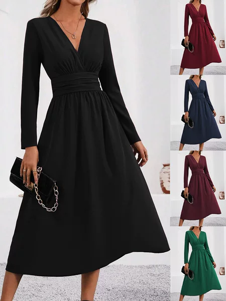 Ladies Autumn and Winter Solid Color Overlapping V Neck Long Sleeve Waist Pleated Long Elegant Dress, Women's Long Dress