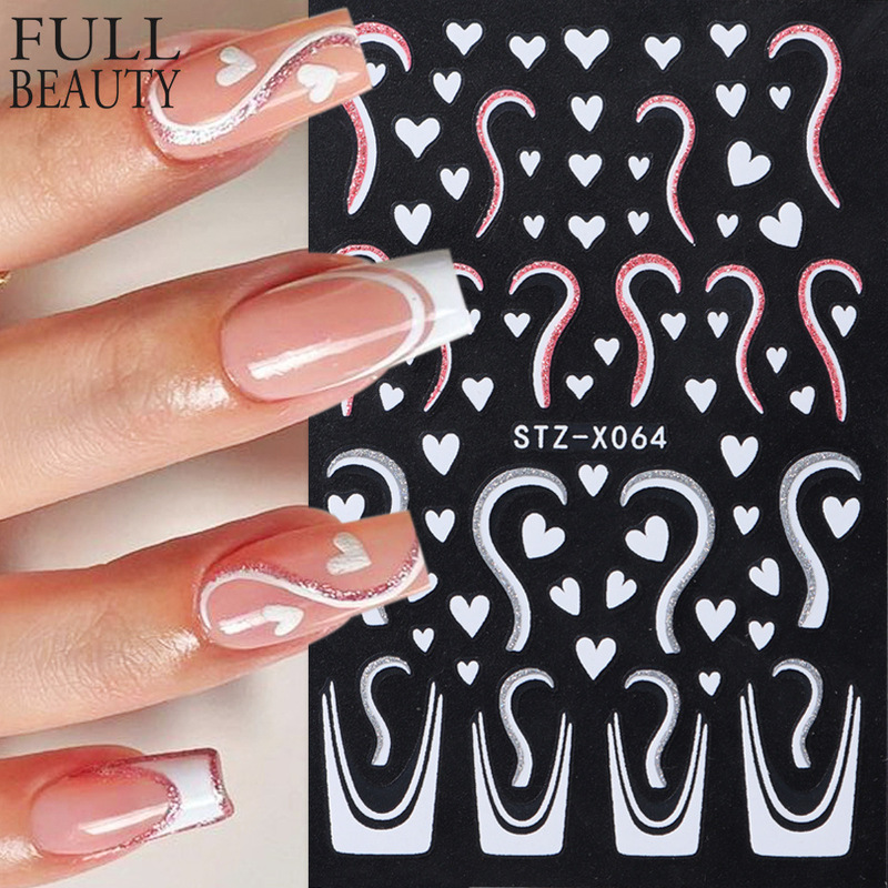Cross-border New Nail Art Stickers Valentine's Day Black and White Love French Smile Irregular Lines Silver Onion Nail Stickers