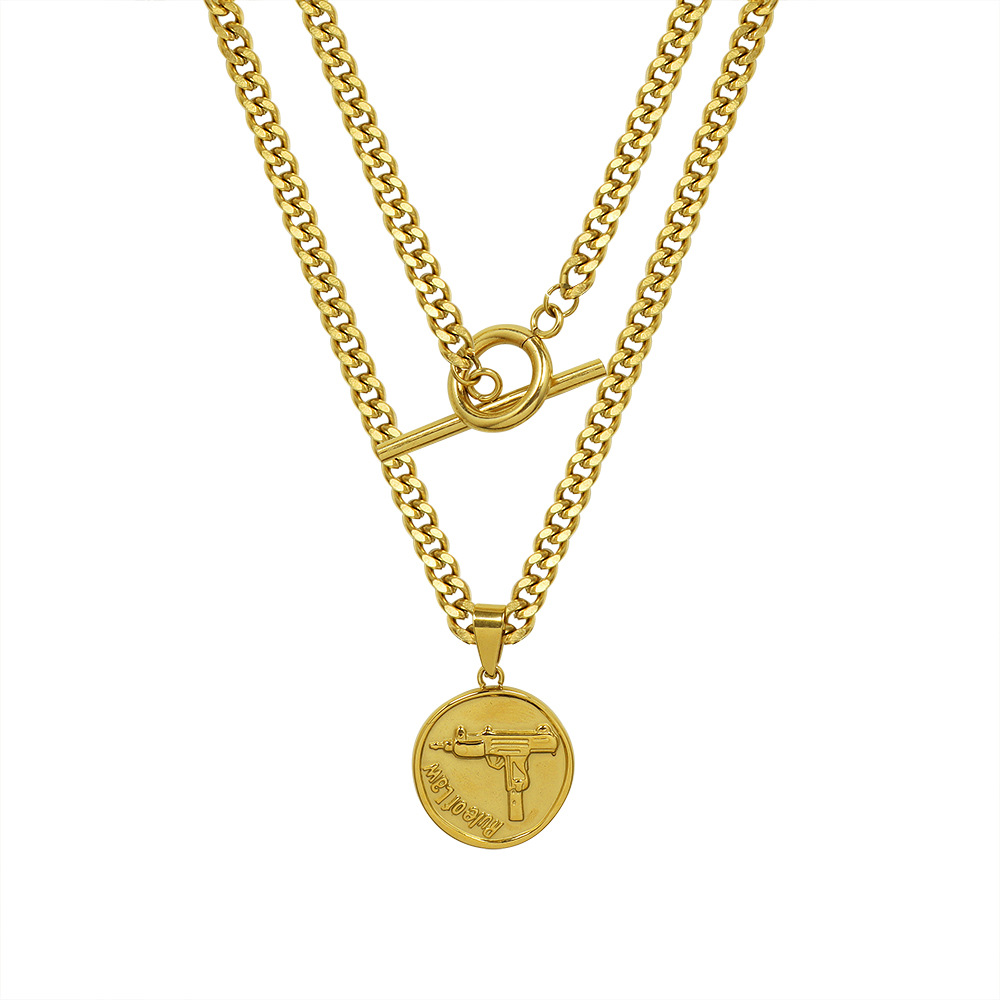 exaggerated thick chain otbuckle round brand gun shape pendant double stacked titanium steel gold necklace_voghion.com