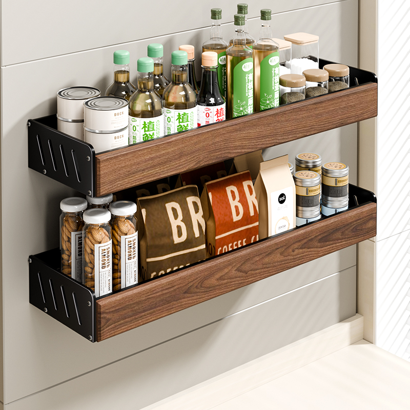 Estante de cocina de nogal Estante de condimento multicapa Estante de almacenamiento de latas Estante de condimento de pared multifuncional