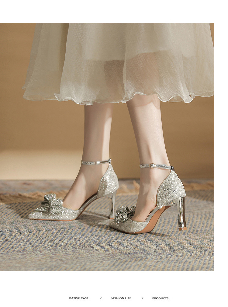 Giày cao gót nữ mũi nhọn nơ sequin gót nhọn CH8006-3 — Màu Sâm panh chi tiết 9