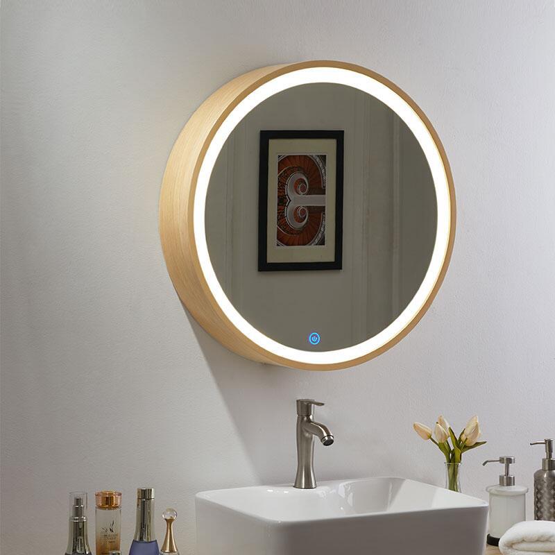 8KIJ圆形浴室镜柜带灯实木智能镜箱防雾储物卫生间化妆壁挂圆镜挂