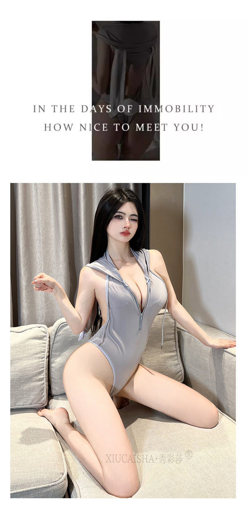 Bunny Girl Costume Set with Deep-V Backless One-piece and Black Stockings — detail image 9