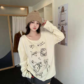 日系卡通印花U领长袖T恤女早秋学院风宽松休闲百搭打底衫
