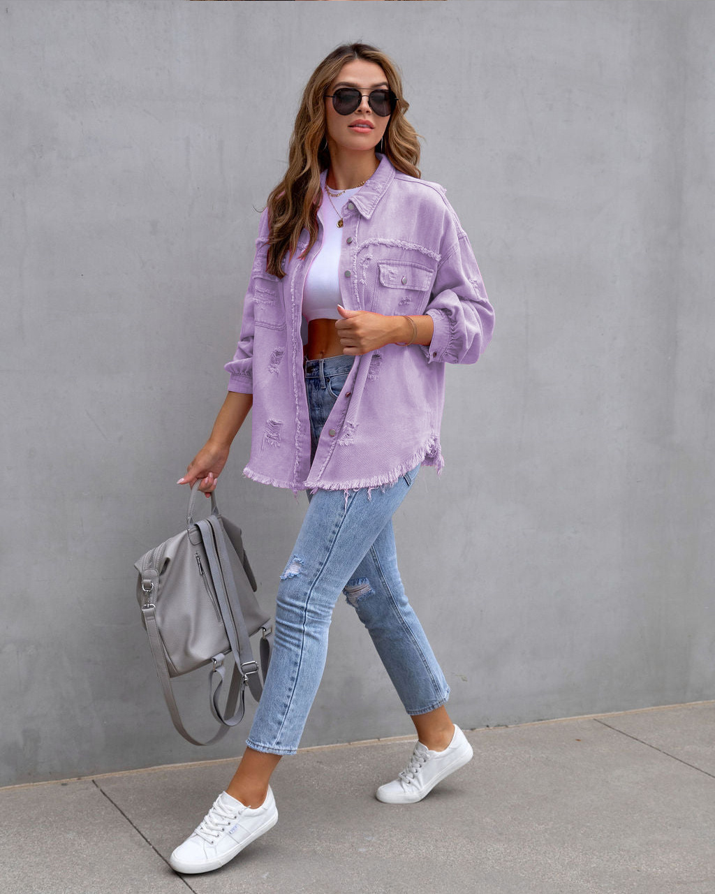 Giacca di jeans donna con volant strappata bavero manica lunga_voghion.com