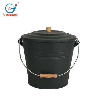 Home fireplace coal ash bucket with lid and stainless steel handle with surface textured wooden handle