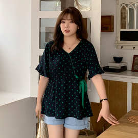 大码女装2026夏季新款胖妹妹200斤遮肚显瘦圆点系带喇叭袖雪纺衫