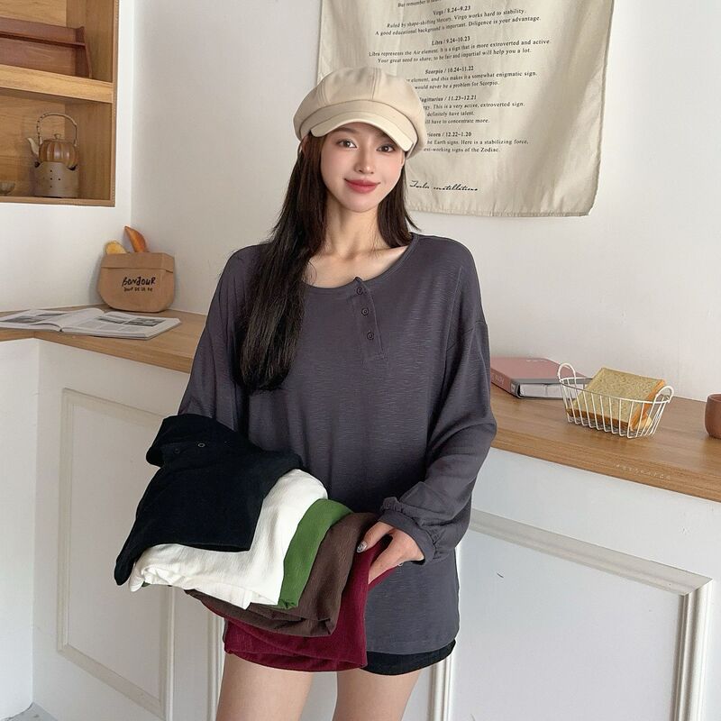 Slub Cotton Slant Front Door Lazy Lantern Sleeve Top Spring and Autumn plus size Loose T-shirt Shoulder Sleeve Base Shirt