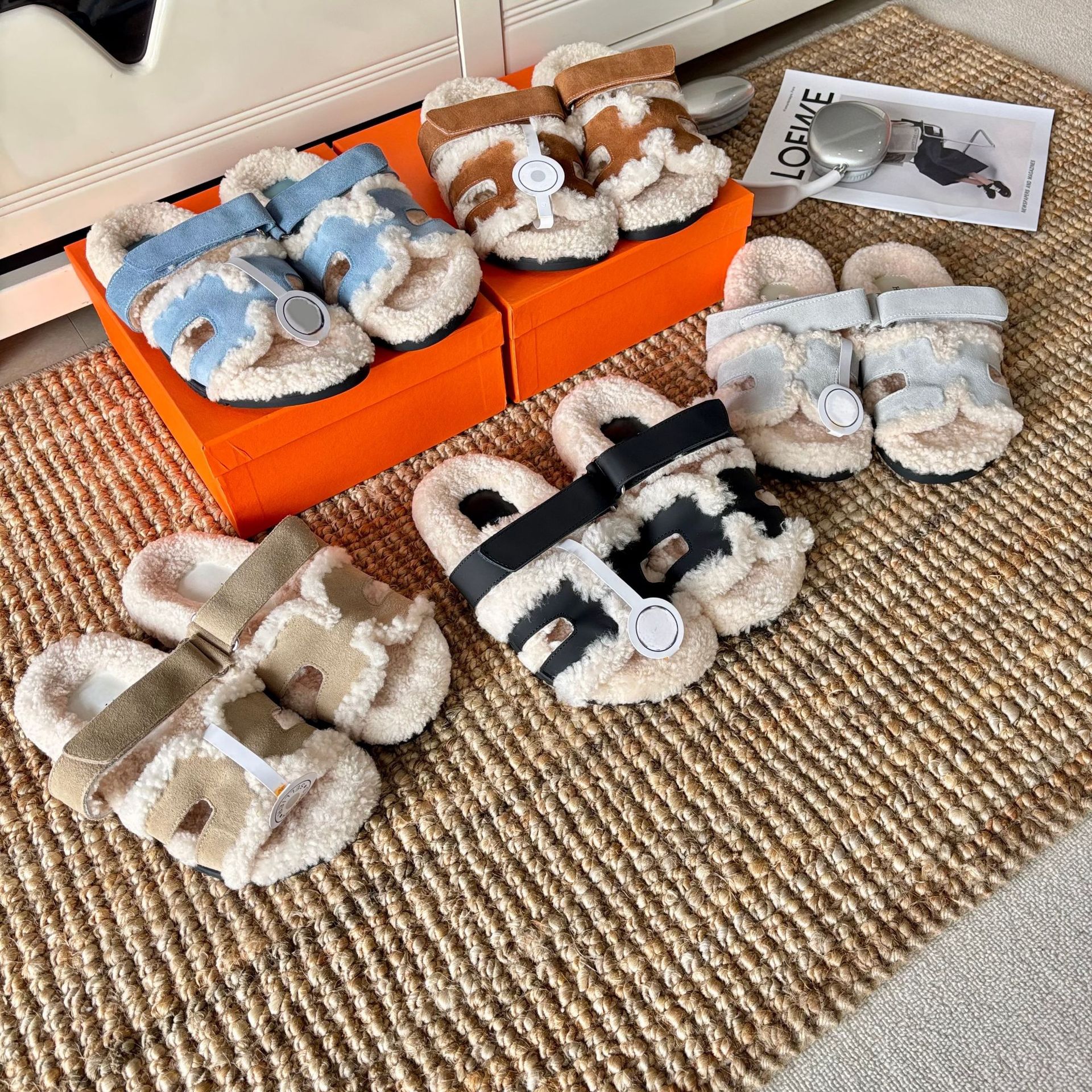 桑坡代购品质欧美大牌真皮女鞋羊皮毛一体H二舅拖毛毛外穿棉拖鞋