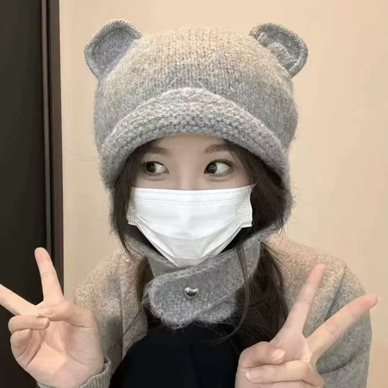 日系减龄可爱针织耳朵小熊含羊毛线帽雷锋子女护耳新款保暖帽子|undefined