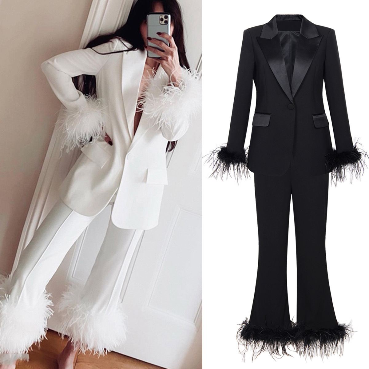 2370 In-stock Spring Autumn New European And American Internet Celebrity Style Ostrich Feather Two-piece Set Elegant_ecoleips.com
