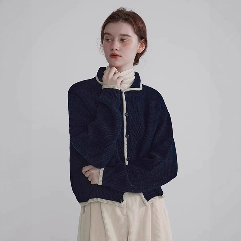 French Retro Polo Collar Wool Pick Stitch Blue White Gray White Contrast Silhouette Lapel Thick Knitted Button Sweater Cardigan