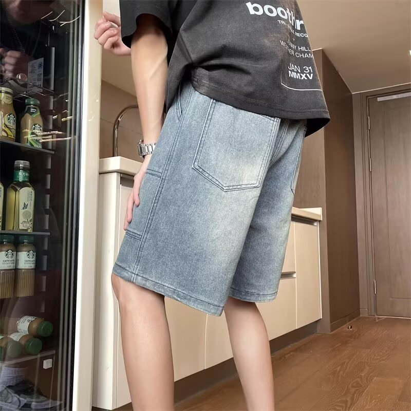 Vintage jeans japoneses, pantalones cortos de verano masculinos, empalme rectas sueltas, antiguo, marca de moda, pantalones casuales de cinco puntos